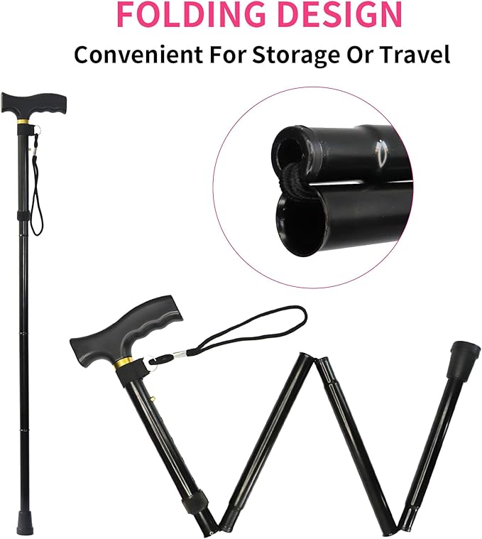 Folding Cane, 5-Level Adjustable Height Lightweight Portable Foldable Walking Canes with Wrist Strap and T Handle for Men Women Seniors