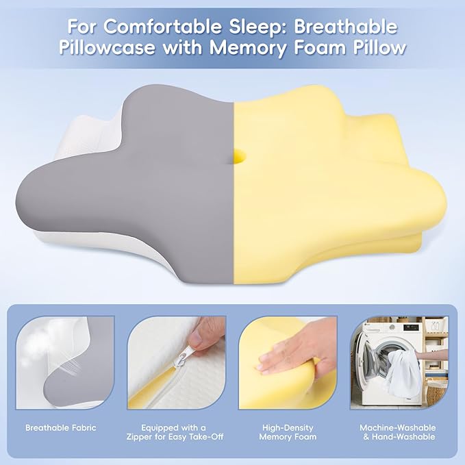 Cervical Neck Pillow, Memory Foam Pillows for Neck & Shoulder Pain Relief, 2 Heights Ergonomic Pillow with Breathable Ice Silk Cover, Neck Support Pillow for Stomach Sleepers Grey