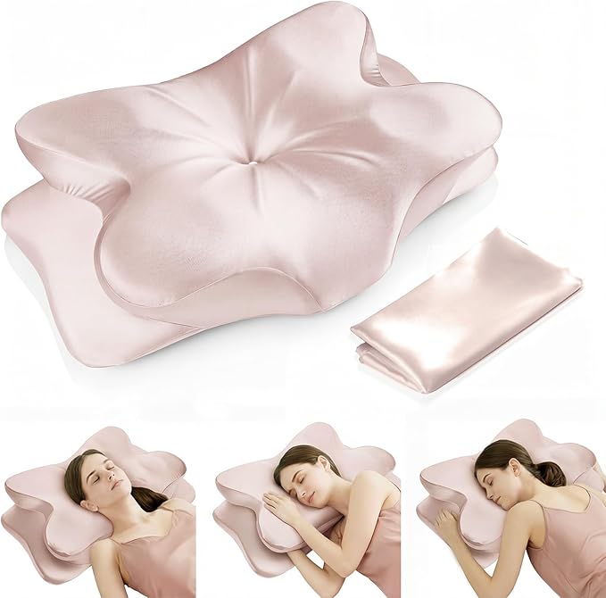 Cervical Neck Pillow for Neck Pain Relief,Ergonomic Memory Foam Contour Pillow with Wrinkle-Resistant Silky Satin Cover & Extra Removable Cover,Orthopedic Pillow for Side,Back,Stomach Sleepers,Pink