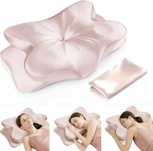 Cervical Neck Pillow for Neck Pain Relief,Ergonomic Memory Foam Contour Pillow with Wrinkle-Resistant Silky Satin Cover & Extra Removable Cover,Orthopedic Pillow for Side,Back,Stomach Sleepers,Pink