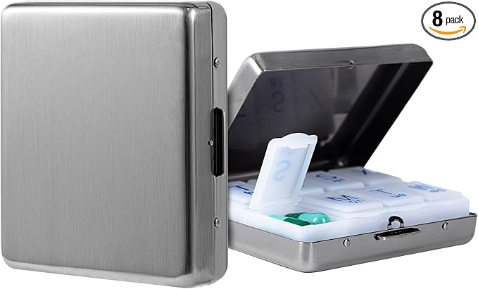 Portable Metal Travel Pill Organizer (7 Days a Week), Large Capacity 8 Compartments, BPA-Free (M-Antique Silver, Medium)
