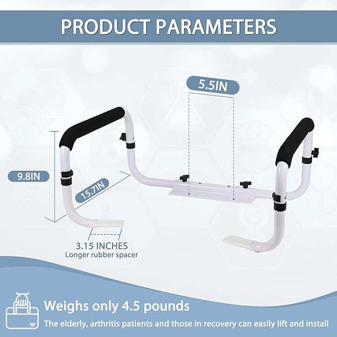 Toilet Safety Rail, Safety Frame for Toilet Seat, Toilet Grab Bar with Adjustable Width for Seniors Supports 350lbs (Black and White)