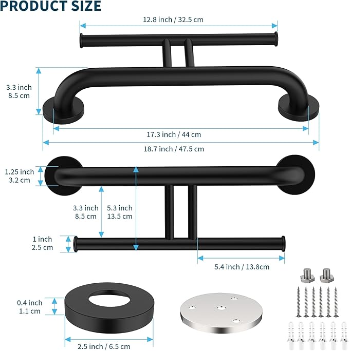 Grab Bar w/Double Toilet Paper Roll Holder Black, iHansee Stainless Steel Shower Support Handle Balanced Support Bars, Wall Mounted Safety Handrail Grab Rail for Elderly Senior Handicap Disabled