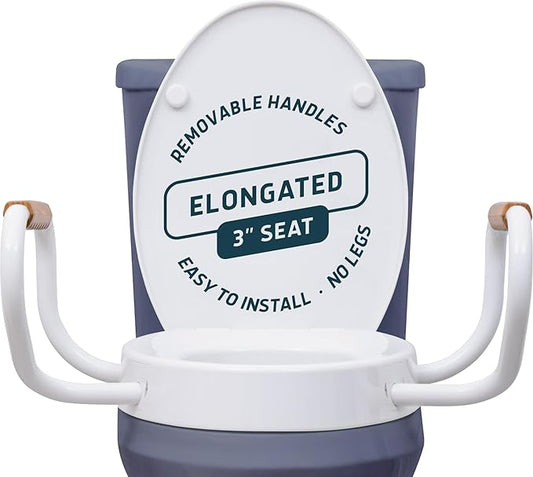 Lunderg Raised Toilet Seat with Handles - Elongated - Easy to Install Toilet Seat Risers for Seniors - Adds 3 Inches & Works like the one you’ve always used - Elegant design - No Hospital Vibe