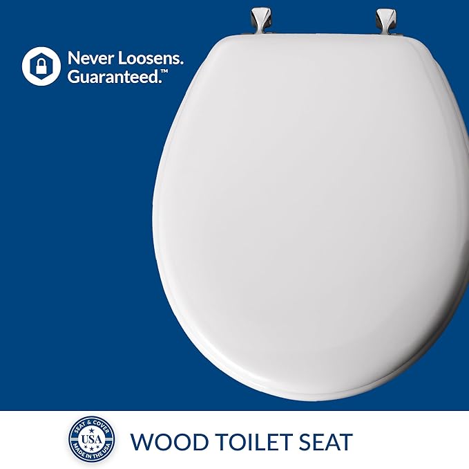 MAYFAIR 844CP 000 Edgewater Toilet Seat with Chrome Hinges will Never Come Loose, ROUND, Durable Enameled Wood, White (Pack of 2)