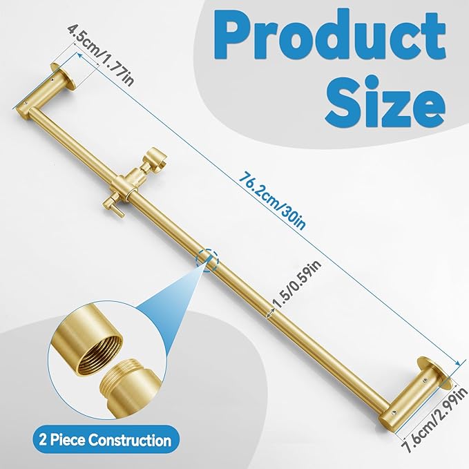 Shower Slide Bar Adjustable Handheld Shower Head Holder Wall Mount - 30inch All-Metal Shower Head Slide Bar Compatible with Bathroom Drill Free Glue Installation - Brushed Gold