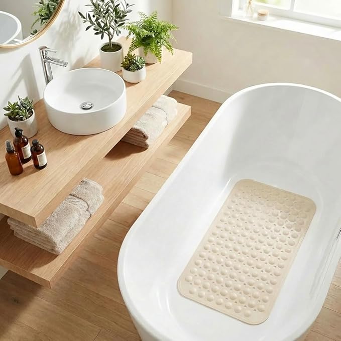 Minimalist TPE Bathtub Mat Non Slip for Tub & Shower, Bath Mat with Strong Suction Cups, Soft Comfortable Shower Mat, Quick Drain Holes, Machine Washable, Beige Mats, 27.5’’ x 16’’