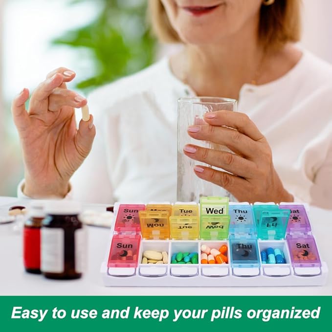 Shintop Am Pm Pill Organizer 7 Day, Push Button Weekly Pill Box 2 Times a Day Easy Fill Pill Holder Day Night Vitamin Case for Medications Fish Oil Supplements (Rainbow)