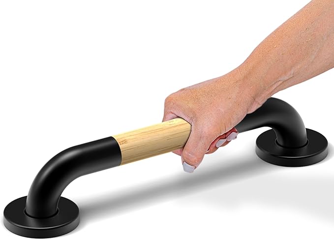 Safety Grab Bar for Bathroom & Toilet, Natural Bamboo Handle, ADA Compliant Balance Assist Handrail for Handicap and Seniors, 12in Matte Black