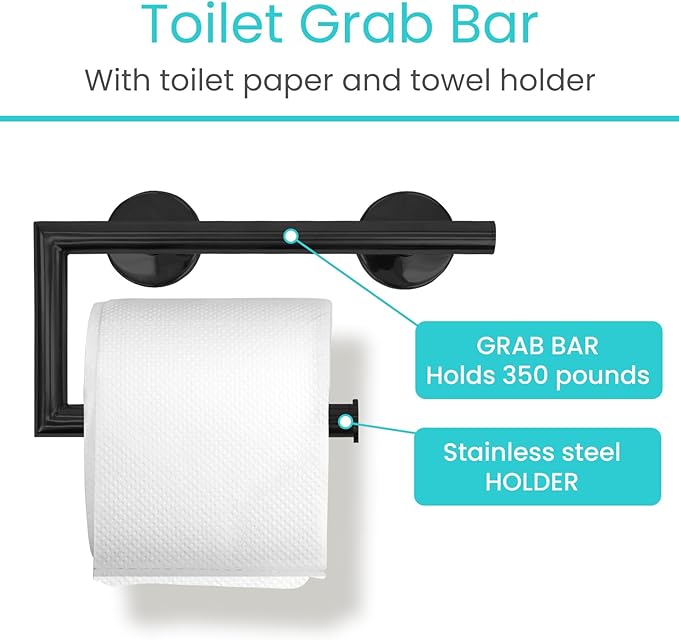 Vive Grab Bar with Toilet Paper Holder (350lbs) - Handrail Bar Combo for Bathroom Wall - Safety Support for Elderly, Seniors & Disabled - Handicap Assist for Restroom Walls & Getting up from Toilets