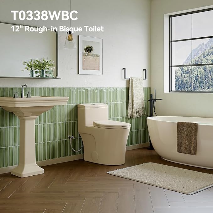 HOROW T0338WBC Elongated One Piece Toilet Bisque, ADA Toilet 17.3" with Comfortable Chair Height Seat, Modern Toilet for Bathroom, Dual Flush 0.8/1.28 GPF, 12" Rough-in Toilet Bowl Bisque