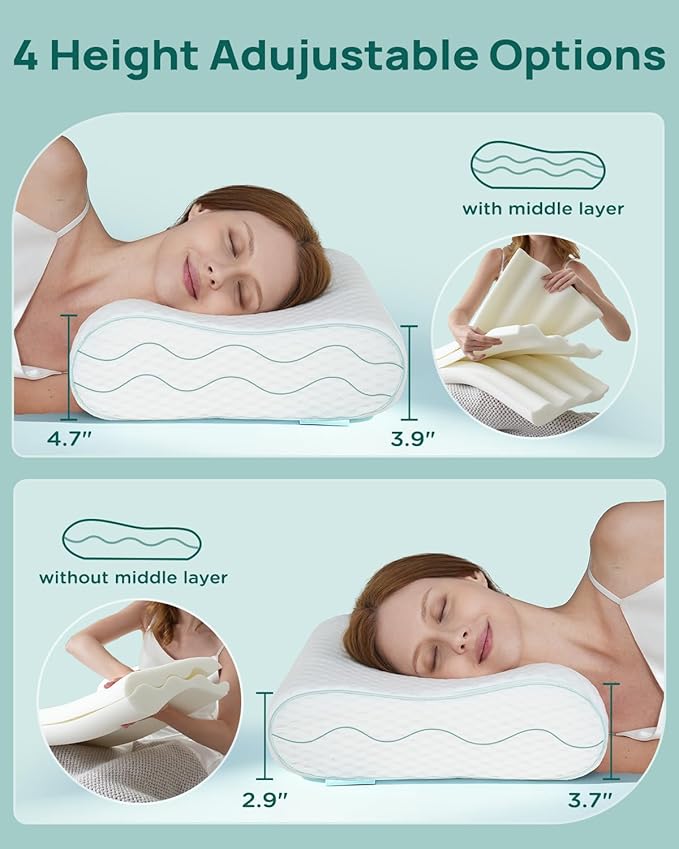 Releep Memory Foam Neck Pillow for Pain Relief – Adjustable Contour (4 Heights), Portable & Washable – Travel Pillow for Airplane, Car, Hiking (15.7” x 11”) – No Storage Bag