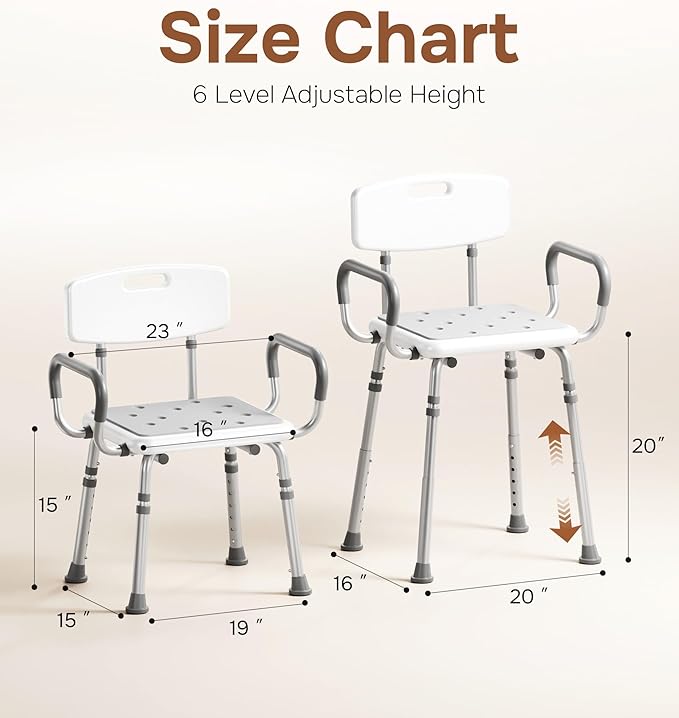 SOUNDFUSE Shower Chair for Inside Shower with Arms and Back, FSA/HSA, Height Adjustable Shower Chair for Elderly and Disabled with Enhanced Non-Slip Feet, 400 lbs Heavy Duty Shower Seat for Seniors