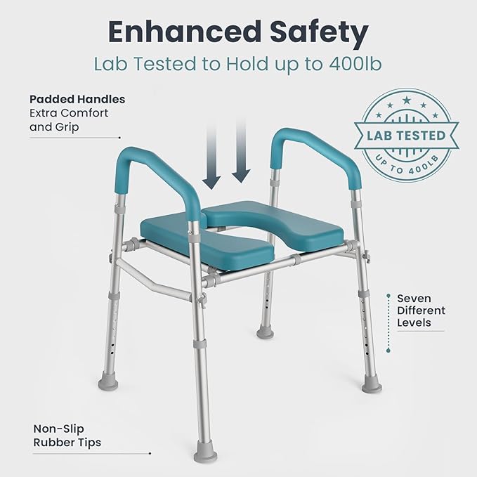PELEGON Raised Toilet Seat with Handles (400lb) - Adjustable Height & Width Toilet Chair with Arms, Toilet Riser with Handles, Toilet Chair Over Toilet, Handicap Toilet Seat for Elderly (Teal)