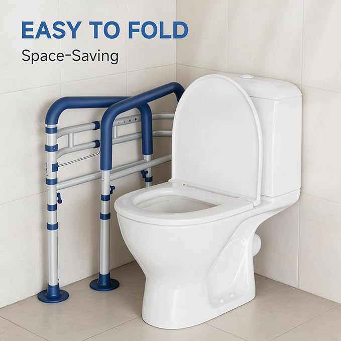 Loyoda Steel Toilet Safety Rail for Seniors with Adjustable Height and Width - 11.7lbs Heavy-Duty Foldable Toilet Handle for Toilet Support, Elderly and Accessibility Aid （Blue）
