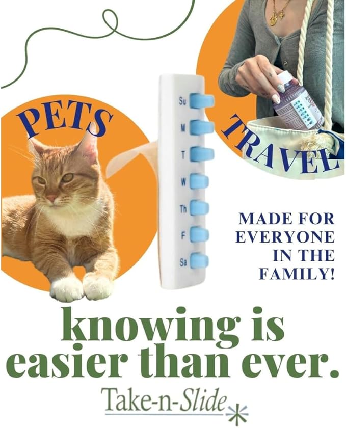 TAKE-N-SLIDE Peel and Stick Reusable for 12 + Refills, Pill/Medication/Vitamin/Pet Med Tracker & Reminder, Attach to Your Bottle, Organizer-Free, Curved‑Back (Blue, 5-Pack)