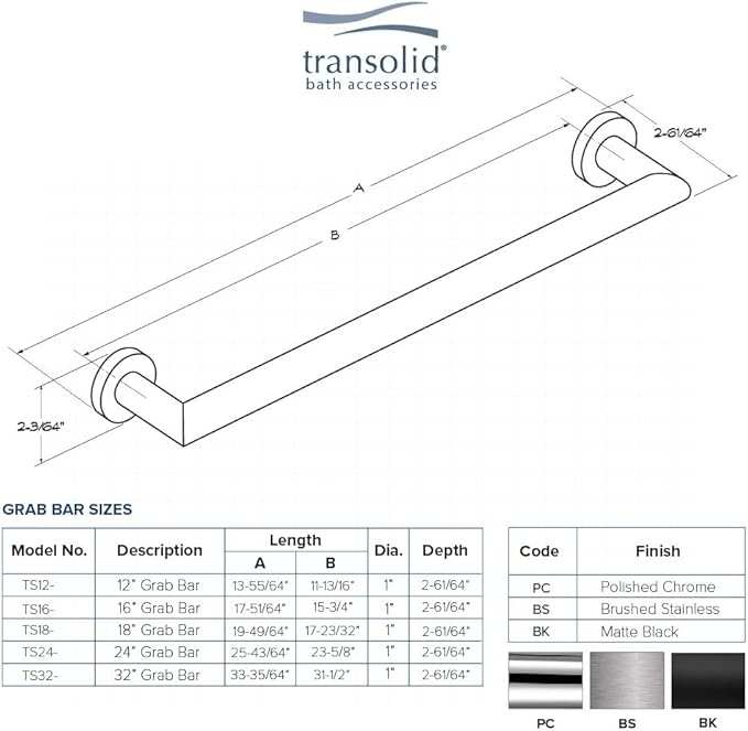 Transolid TS16PC Turin 16-inch Grab Bar, Polished Chrome