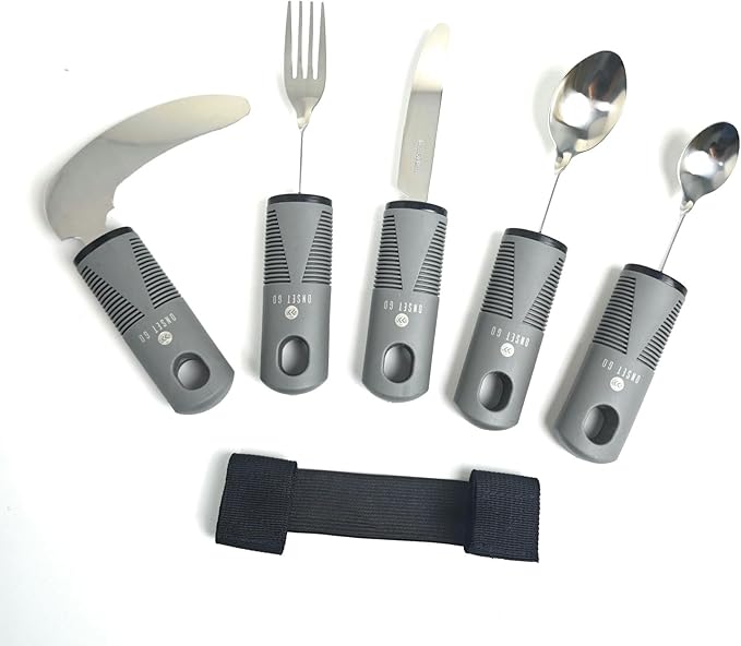 Adaptive Utensils for Elderly, Easy Grip Non-Slip Cutlery Set for Disabled Adults, 6-Piece Stainless Steel Includes Vertical Knife, Standard Knife, Flexible Fork & Spoons, Grip handle