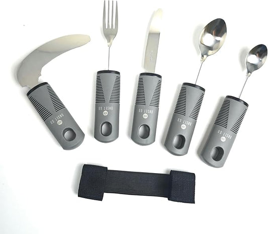 Adaptive Utensils for Elderly, Easy Grip Non-Slip Cutlery Set for Disabled Adults, 6-Piece Stainless Steel Includes Vertical Knife, Standard Knife, Flexible Fork & Spoons, Grip handle