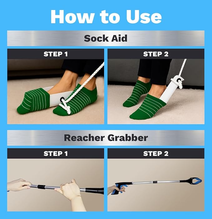 FSA/HSA Sock Aids for Putting On Socks with Gripper Reacher Grabber Tool – Sock Helpers to Put On Your Socks for Seniors with Long Grabber Reacher Tool – Ideal for Elderly, Mobility Impairment