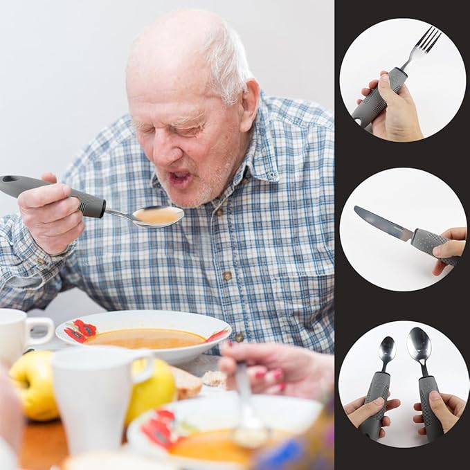 Adaptive Utensils Set for Elderly & Arthritis - 4Pcs Lightweight Stainless Steel Silverware for Weak Hand Grip, Tremors and Handicapped