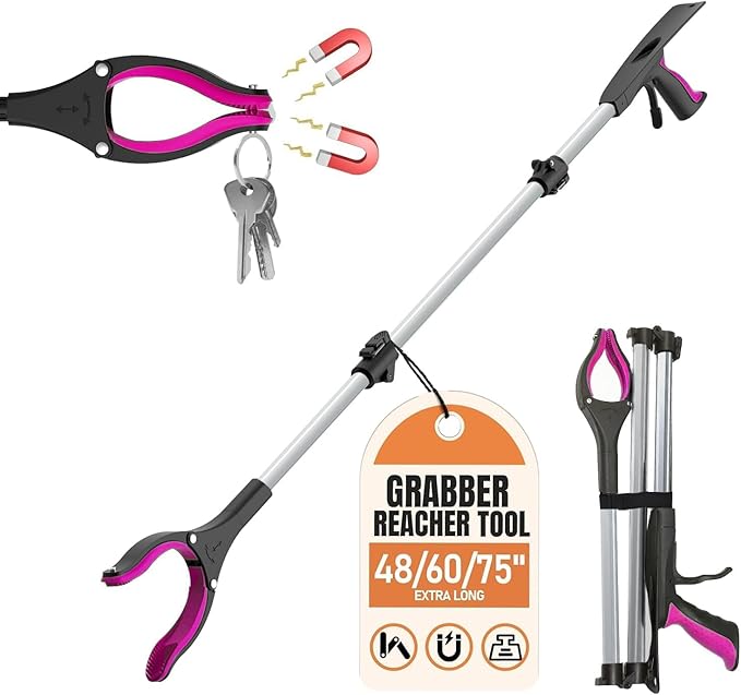 Extra Long Grabber Reacher Tool, 48" Aluminum Foldable Reacher Grabber, Dual Magnetic Tip, 2 in 1 Pickup Grabber w/Shoe Horn, Strong Upper Picker for Elderly, Surgery Recovery, Medical, Trash
