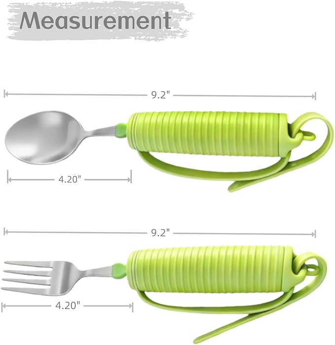 2PK Weighted Spoon & Fork Set - Lime Green Hollow Silicone Grip with Secure Strap, 45° Adjustable for Left/Right Handed, Fillable Weight Up to 7 Oz, for Hand Tremors Parkinson’s Elderly