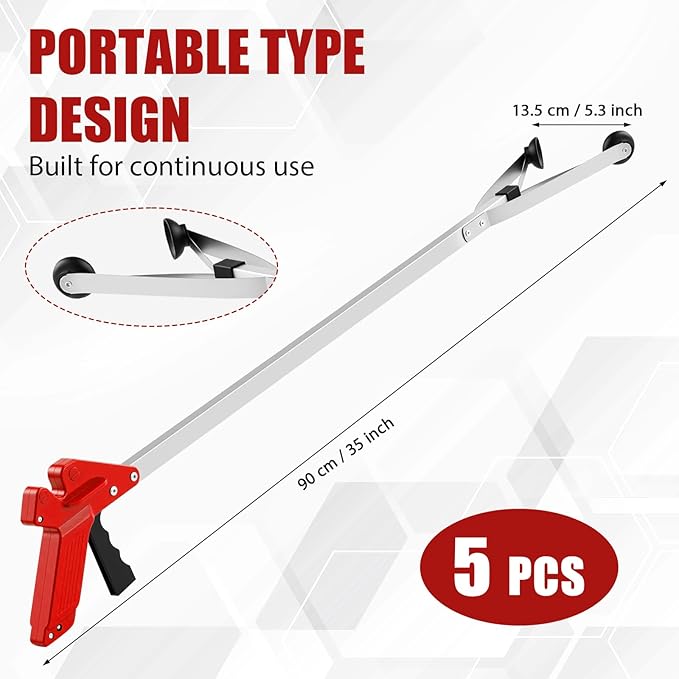 Sabary 5 Pack Suction Cup Reacher Grabber Heavy Trash Picker Grabber Tool, Long Handy Aids Nonslip Claw Reach Tool for Elderly Pick up Stick Arm Extension Litter Picker (Red)