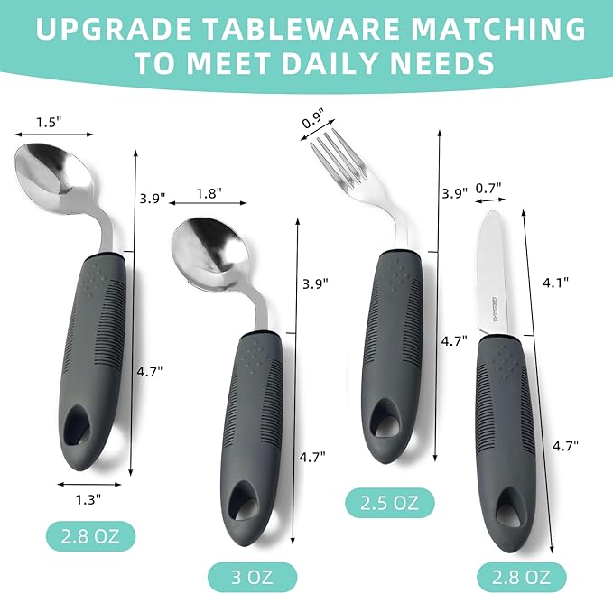 4 Pcs Adaptive Utensils for Elderly, 45° Angled Built Up Handle Utensils for Adults, Arthritis Silverware for Parkinsons Patients, Eating Utensils for Hand Tremors(Right-Handed)