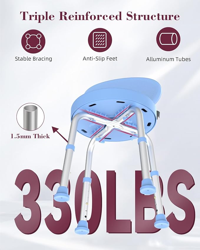 Swivel Shower Chair, 360° Non-Slip Shower Seat with Backrest for Elderly and Disabled, Height Adjustable Rotating Tub Bench for Seniors Bathroom Inside Shower with Compact Frame (Blue)