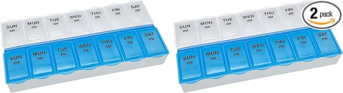 Amazon Basic Care 7-Day AM/PM Pill Organizer | Large Compartments | 2 Times Daily | Blue Clear Lids | Pack of 2
