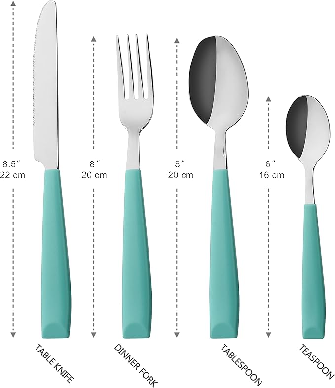 ANNOVA Silverware Set Stainless Steel Colorful Handle Tableware Kitchen Flatware Set Utensils, Includes Dinner Knives, Forks, Spoons & Dessert Spoons (Turquoise, 16 Pieces)
