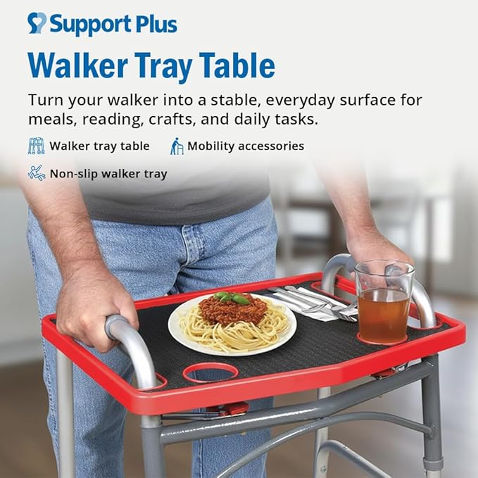 Support Plus Walker Tray Table - Non Slip Mobility Mat with Cup Holder (21"x16") - Red