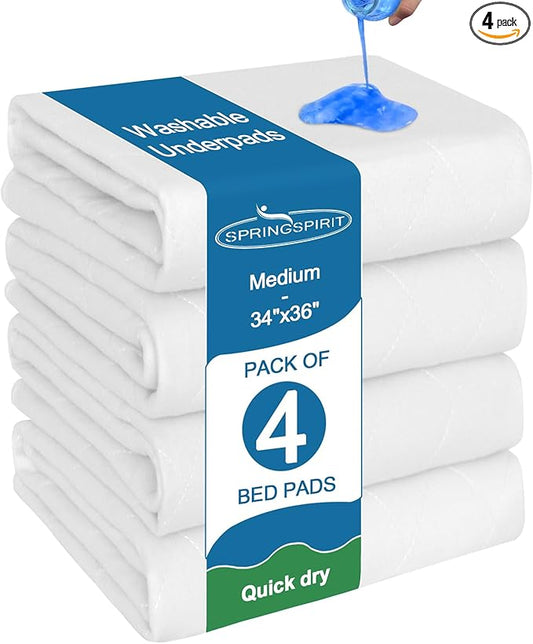 Waterproof Incontinence Bed Pads 34'' x 36'' (Pack of 4), Washable Underpad Chuck for Bed, Reusable Pee Pads for Adults, Elderly, Kids, Toddler and Pets, White