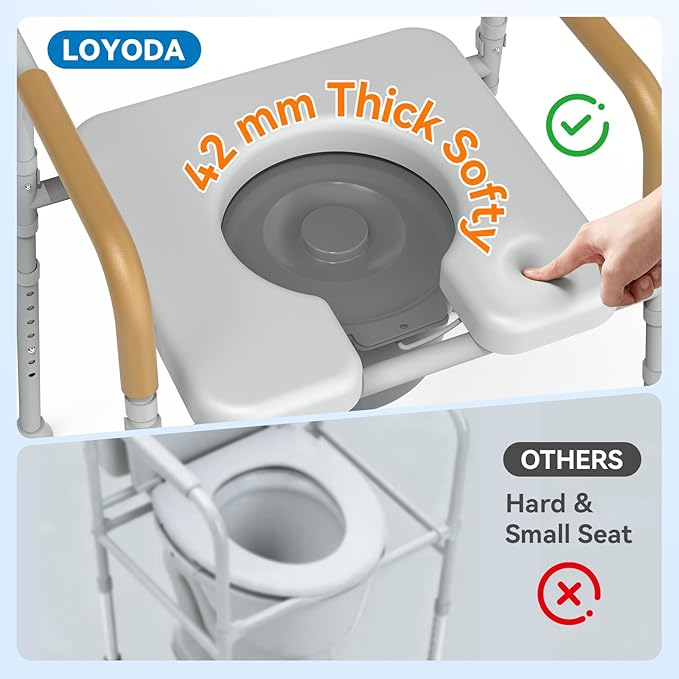 Loyoda Bedside Commode, Bedside Commodes for Seniors with 5.81QT Removable Bucket & Splash Guard, Adjustable Height Potty Chair for Adults, 350 lb Weight Capacity, Easy Cleaning, Tool-Free Assembly