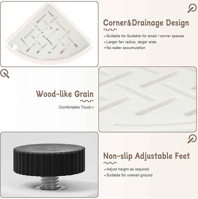 KALUMOON Corner Shower Stool, HDPE Waterproof Shower Bench for Inside Shower, Small Shower Chair Seat for Shaving Legs with Storage Shelf, Shower Head Holder, Adjustable Feet (White)