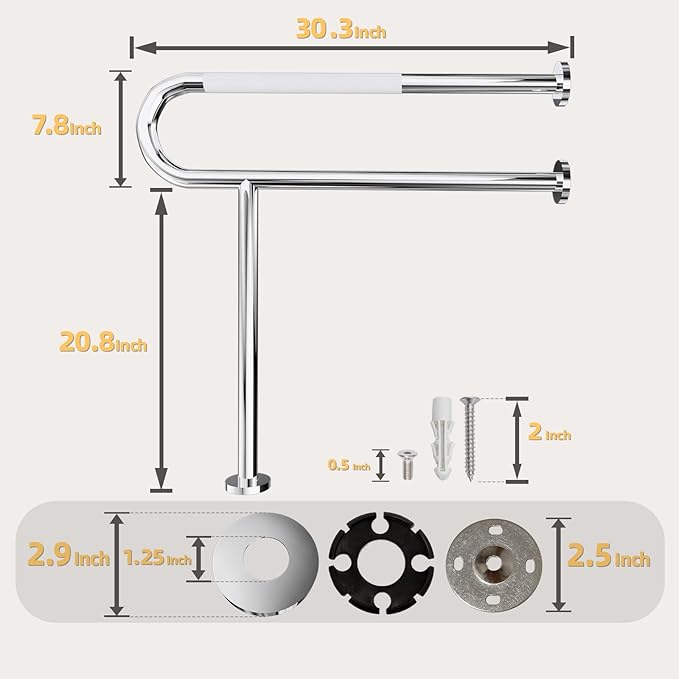 Toilet Grab Bar with Leg, Floor Mounted Knurled Safety Rail, Heavy Duty Chrome Stainless Steel Support Handle, Bathroom Stand Assist, Non-Slip Mobility Aid for Elderly, Disabled, 31 Inch