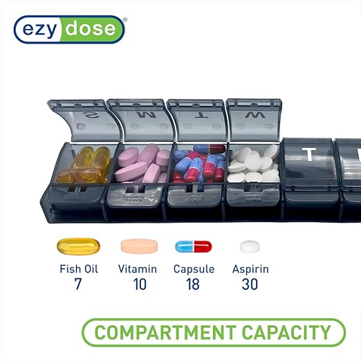 EZY DOSE Weekly (7-Day) Pill Case, Medicine Planner, Daily Vitamin Organizer Box, X-Large Push-Button Compartments, Convenient and Easy to Use, Arthritis Friendly, Transparent Lids, Black, BPA Free
