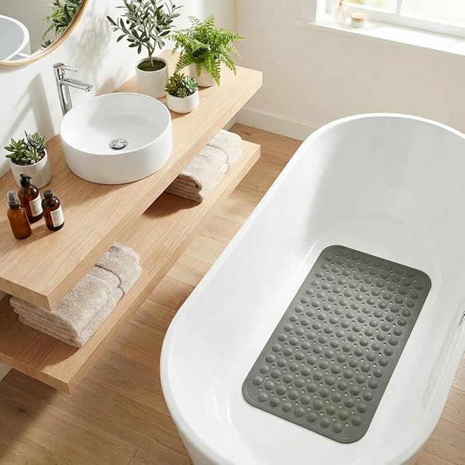 Minimalist TPE Bathtub Mat Non Slip for Tub & Shower, Bath Mat with Strong Suction Cups, Soft Comfortable Shower Mat, Quick Drain Holes, Machine Washable, Large Grey Mats, 27.5’’ x 16’’