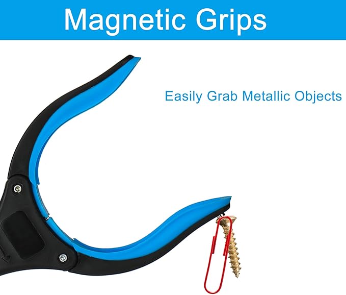 4 Pack Reacher Grabber Set: 32" Foldable Pick Up Tool with Magnet (Blue/Yellow), 16" Stainless Steel & 12" Mini Iron Grabber, 360° Rotating Head Trash Picker for Seniors & Garden