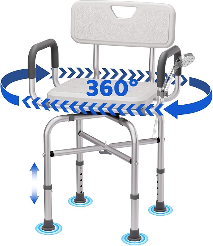 360° Swivel Shower Chair for Inside Shower,500lbs Swivel Shower Chair with Arms andBack, Adjustable Height Shower Chair forElderly and Disabled with Stable Non-SlipDesign Bathroom Tub Stool