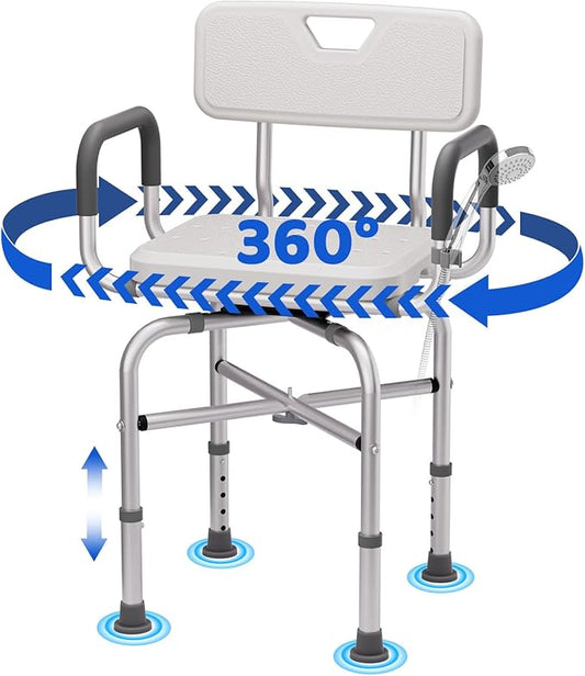 360° Swivel Shower Chair for Inside Shower,500lbs Swivel Shower Chair with Arms andBack, Adjustable Height Shower Chair forElderly and Disabled with Stable Non-SlipDesign Bathroom Tub Stool