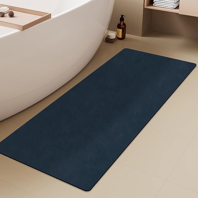 TYUU Bathroom Mat Quick Dry, Bathroom Rugs Non Slip Washable Thin Absorbent Bath Mat Fits Under Door Bathroom Floor Mat Perfect for Bath, Shower, or Sink 17"x59" Navy Blue