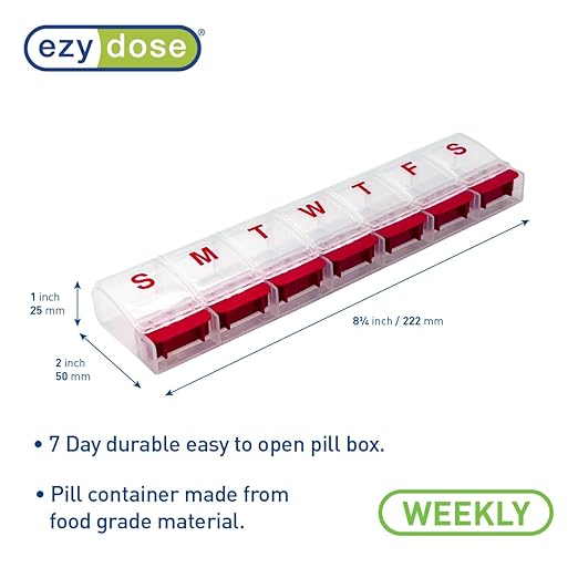 EZY DOSE Weekly (7-Day) AM/PM Daily Pill Organizer, Vitamin Case, and Medicine Container, X-Large Compartments, Arthritis Friendly, Convenient with Effortless Portability, Clear/Red Lids, BPA Free