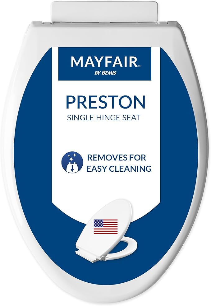 Mayfair Preston Easy to Clean Single Hinge Toilet Seat, Modern Slow Close Plastic Toilet Seat, Made in USA, Elongated, White