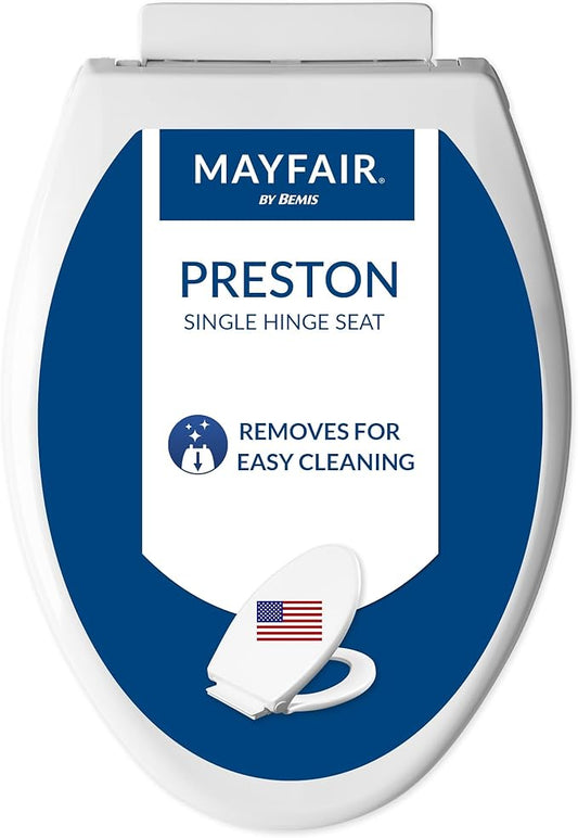 Mayfair Preston Easy to Clean Single Hinge Toilet Seat, Modern Slow Close Plastic Toilet Seat, Made in USA, Elongated, White