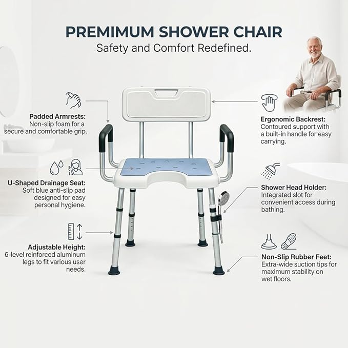 Shower Chair for Inside Shower with Arms and Back HSA/FSA Eligible, 400lbs Capacity Height Adjustable U-Shaped Seat for Seniors Elderly Easy Bathing, 4-in-1 Tool-Free Assembly