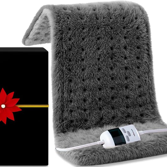 Boncare® Ultra Plush XL Heating Pad for Neck and Shoulder and Back with Auto-Off, Stay-On Warmth Up to 18 Hours, 6 Heat Levels, 12.6 ft Cord for Bed Foot Warmer with Gift Box (Cloud Gray, 12"x24")