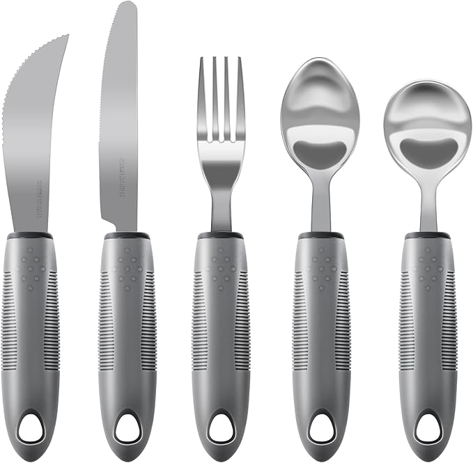 Adaptive Utensils, Weighted Utensils for Hand Tremors, Utensils for Parkinsons Patients,Elderly,Arthritis,Weak Hand Grip,Tremors & Handicapped. Stainless Steel Knife,Fork and Spoons Set (regular 5pcs)