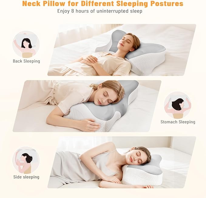 Cervical Neck Pillow, Memory Foam Pillow for Neck Pain Relief, Ergonomic Bed Pillow with Neck Support for Side, Back & Stomach Sleepers, Queen, 2PCS, Grey